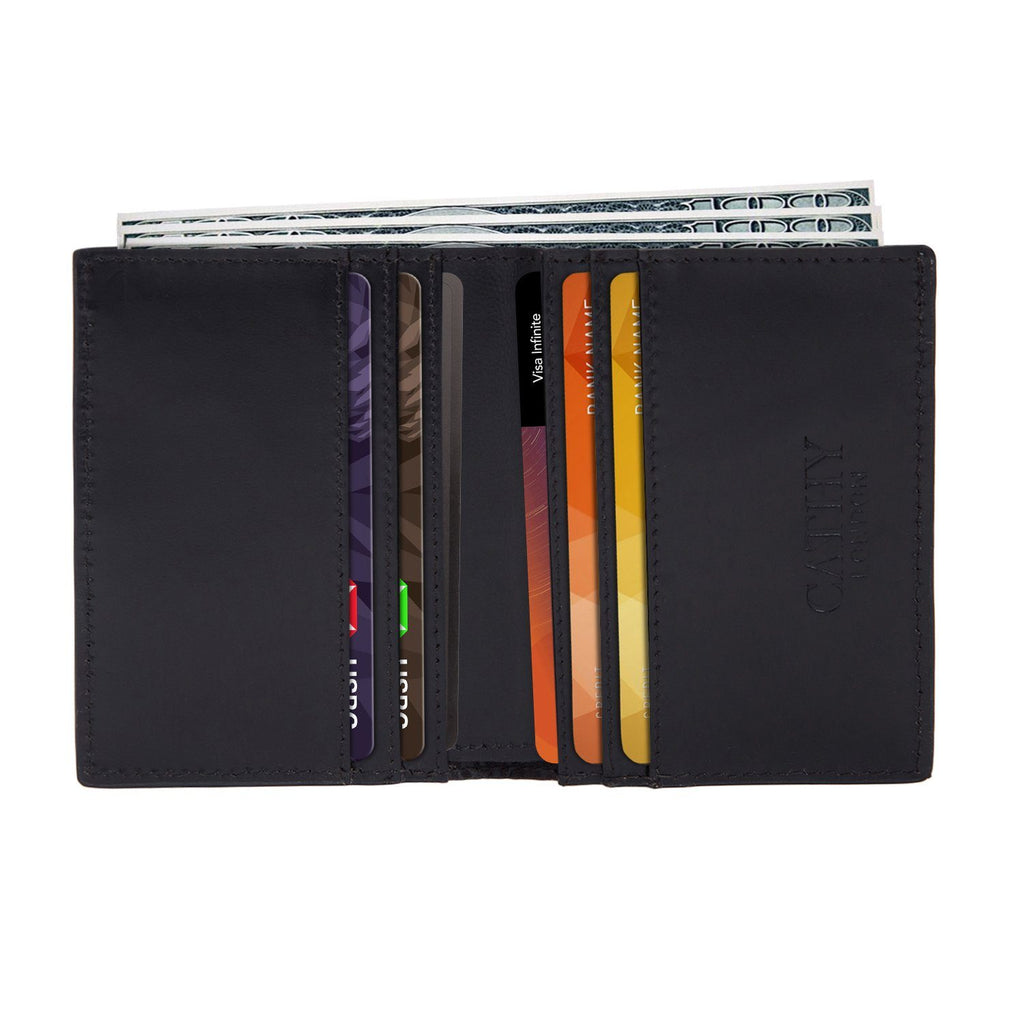 Black Colour Bi-Fold Italian Leather Card Holder/Slim Wallet (6 Card Slot + 2 ID Slot + Cash Compartment) Cathy London 