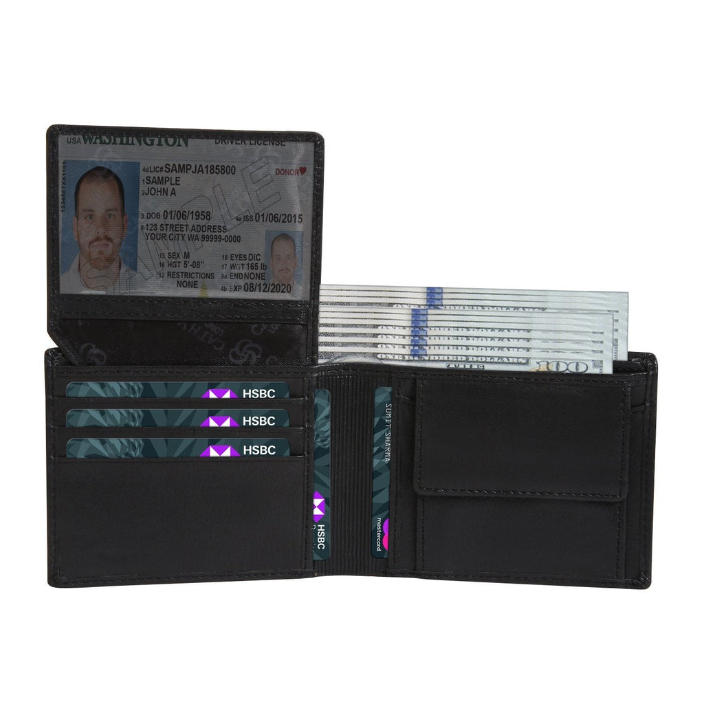 Black Colour Bi-Fold Italian Leather Slim Wallet (8 Card Slot + 2 Hidden Compartment + 1 ID Slot + Coin Pocket + Cash Compartment) Cathy London 