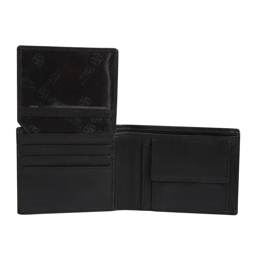 Black Colour Bi-Fold Italian Leather Slim Wallet (8 Card Slot + 2 Hidden Compartment + 1 ID Slot + Coin Pocket + Cash Compartment) Cathy London 