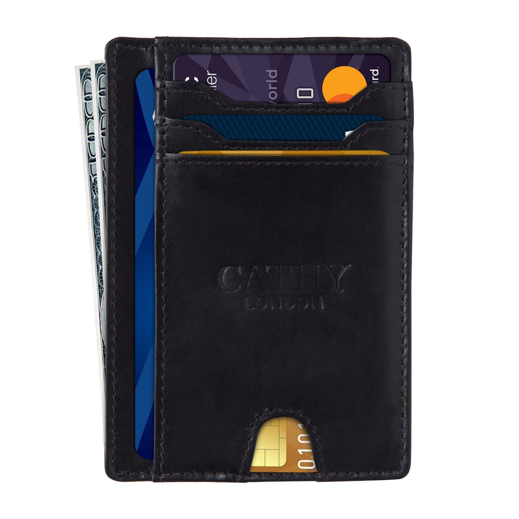 Black Colour Italian Leather Card Holder/Slim Wallet (5 Card Slot + 1 ID Slot + Cash Compartment) Cathy London 