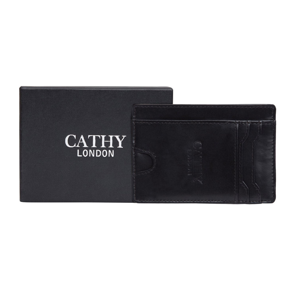 Black Colour Italian Leather Card Holder/Slim Wallet (5 Card Slot + 1 ID Slot + Cash Compartment) Cathy London 