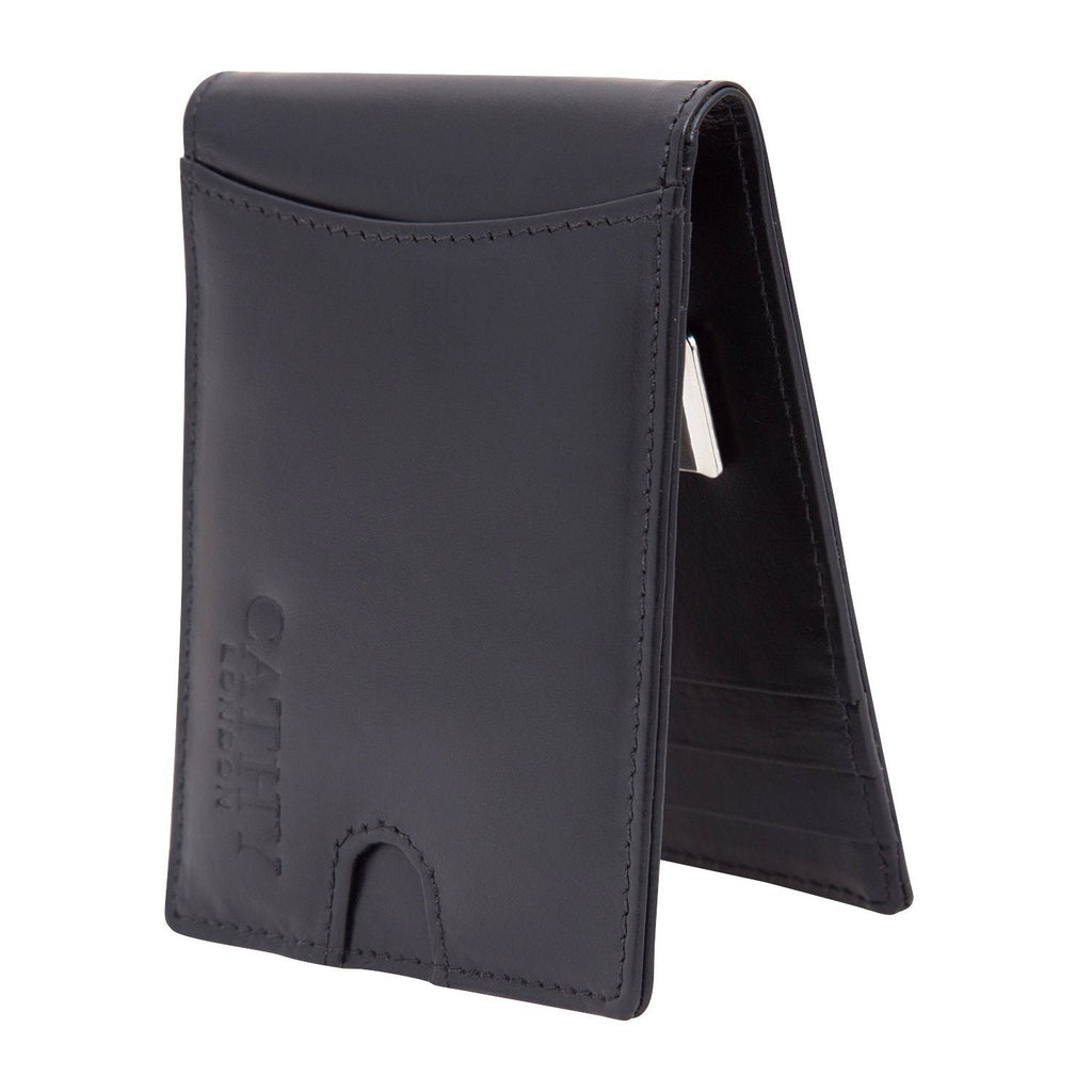 Black Colour Italian Leather Money Clip/Slim Wallet (7 Card Slot + Money Clip) Cathy London 