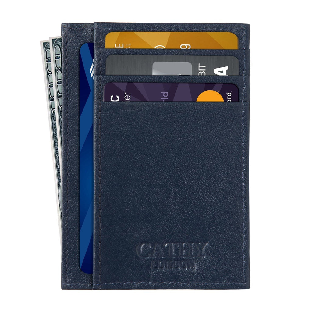 Blue Colour Italian Leather Card Holder/Slim Wallet (6 Card Slots + 1 ID Slot + Cash Compartment) Cathy London 