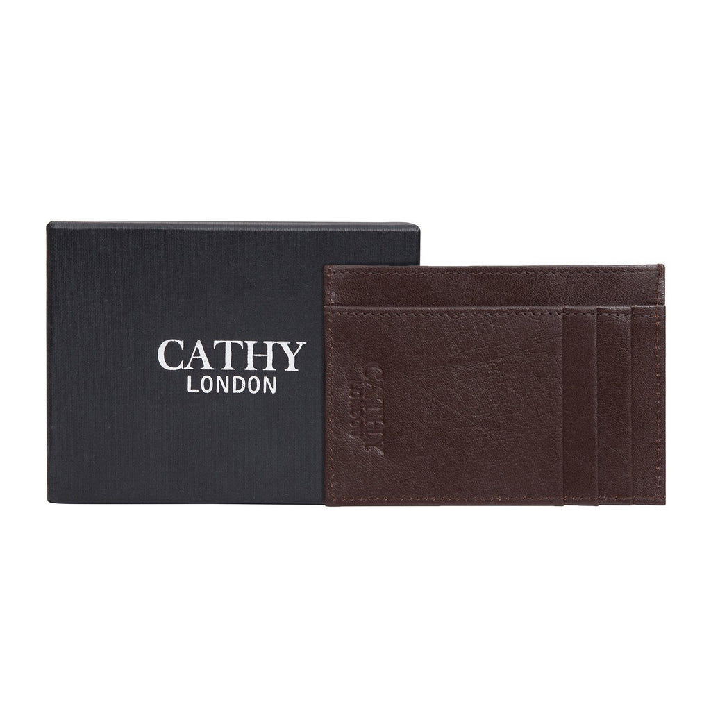 Brown Italian Leather Card Holder/Slim Wallet (6 Card Slots + 1 ID Slot + Cash Compartment) Cathy London 