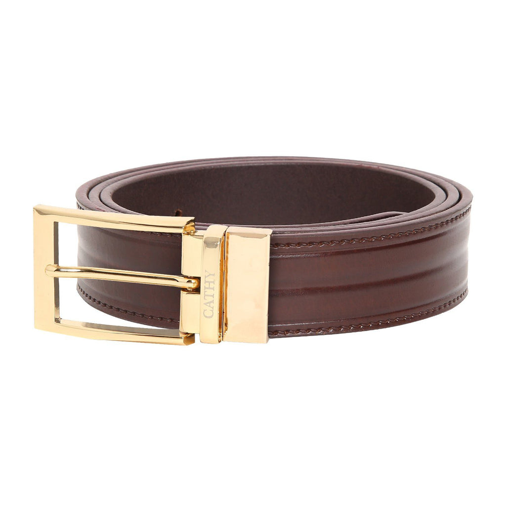 Men's Classic Dress Belt Top Grain Italian Leather with Golden Metal Buckle Cathy-London 