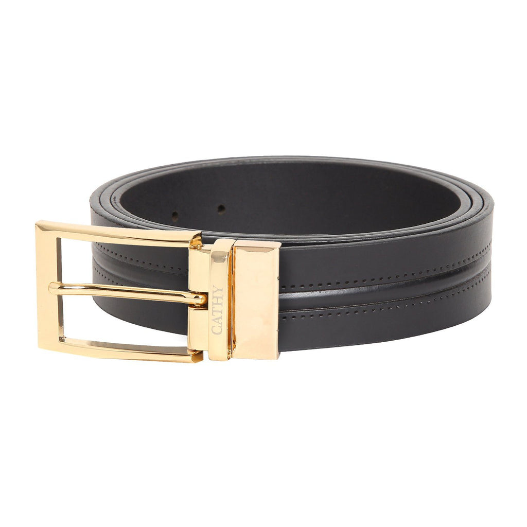 Men's Classic Dress Black Colour Belt Top Grain Italian Leather with Golden Metal Buckle Cathy-London 