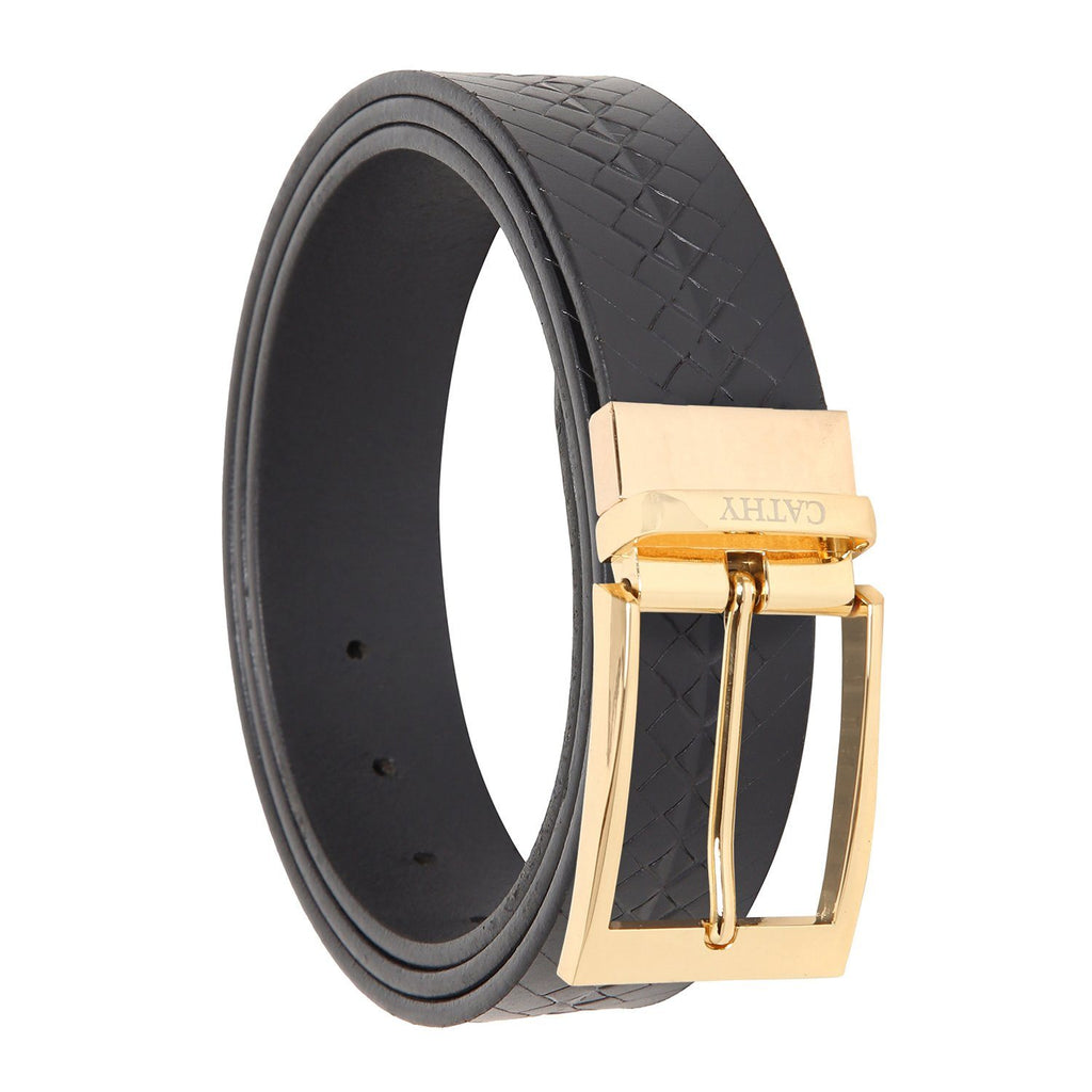 Men's Classic Dress Black Colour Belt Top Grain Italian Leather with Golden Metal Buckle Cathy-London 