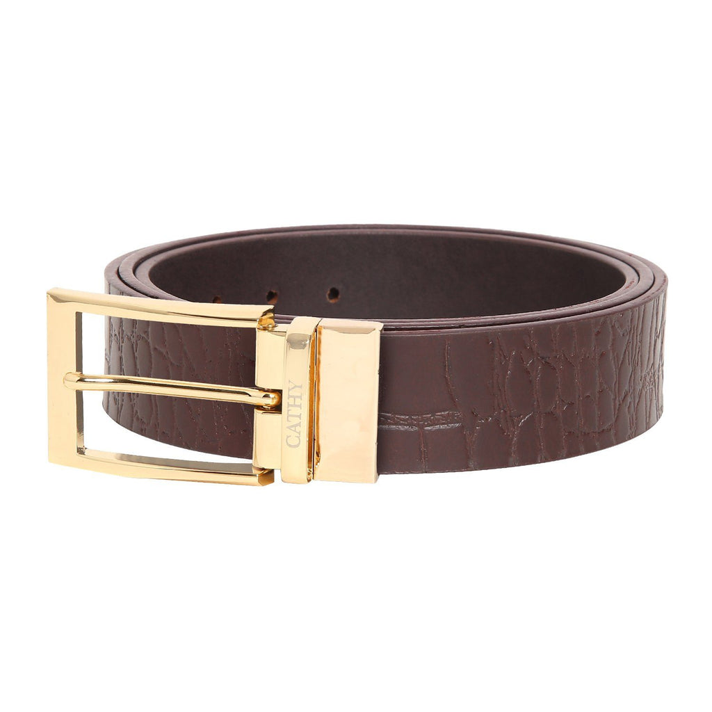 Men's Classic Dress Coffee Colour Belt Top Grain Italian Leather with Golden Metal Buckle Cathy-London 