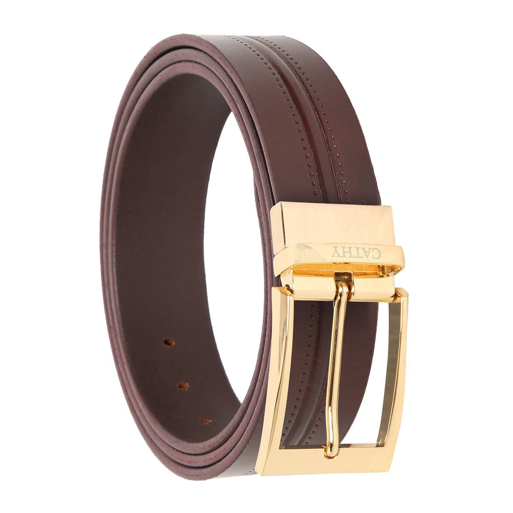 Men's Classic Dress Coffee Colour Belt Top Grain Italian Leather with Golden Metal Buckle Cathy-London 
