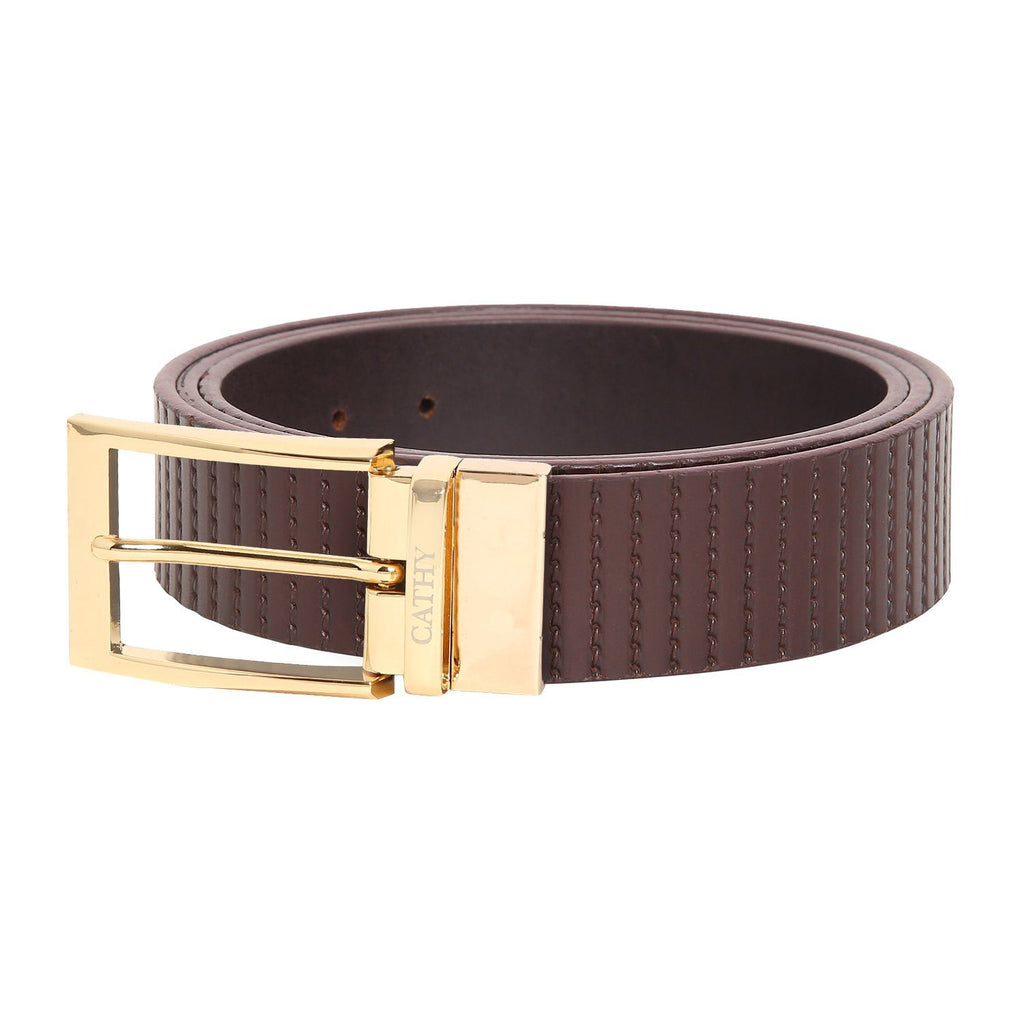 Men's Classic Dress Coffee Colour Belt Top Grain Italian Leather with Golden Metal Buckle Cathy-London 