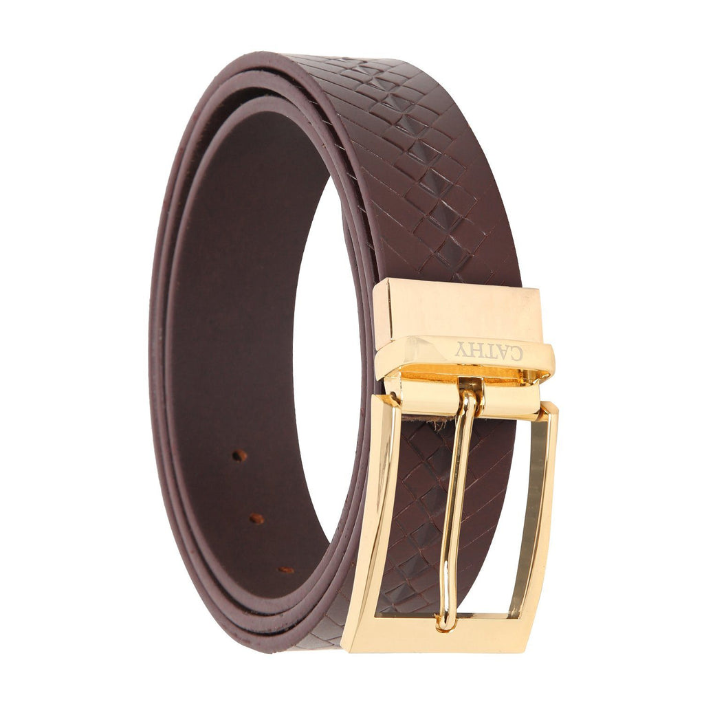Men's Classic Dress Coffee Colour Belt Top Grain Italian Leather with Golden Metal Buckle Cathy-London 