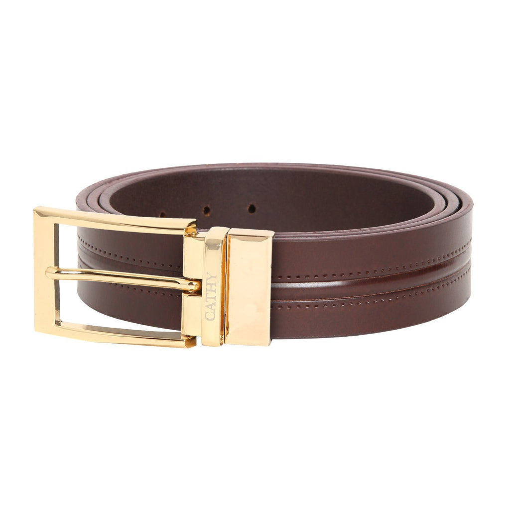 Men's Classic Dress Coffee Colour Belt Top Grain Italian Leather with Golden Metal Buckle Cathy-London 