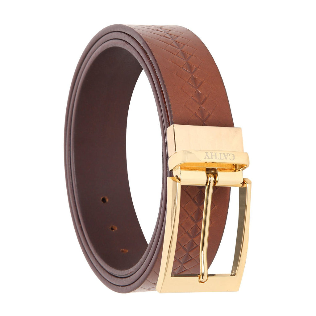 Men's Classic Dress Tan Colour Belt Top Grain Italian Leather with Golden Metal Buckle Cathy-London 