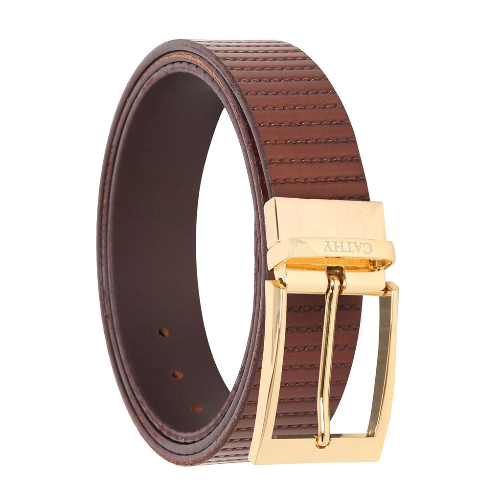 Men's Classic Dress Tan Colour Belt Top Grain Italian Leather with Golden Metal Buckle Cathy-London 