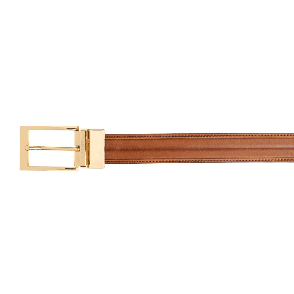 Men's Classic Dress Tan Colour Belt Top Grain Italian Leather with Golden Metal Buckle Cathy-London 