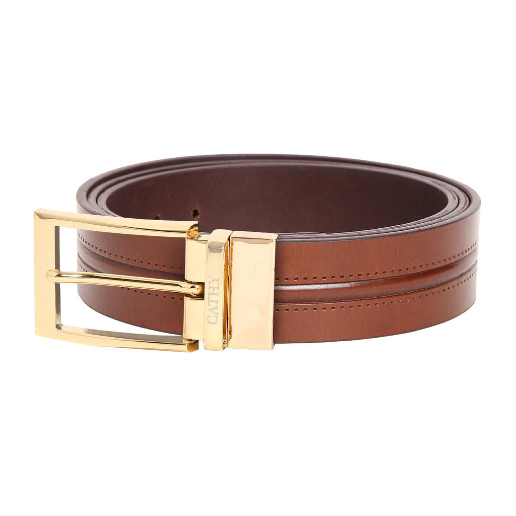 Men's Classic Dress Tan Colour Belt Top Grain Italian Leather with Golden Metal Buckle Cathy-London 
