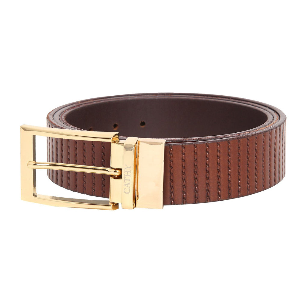 Men's Classic Dress Tan Colour Belt Top Grain Italian Leather with Golden Metal Buckle Cathy-London 