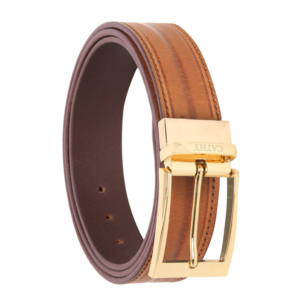 Men's Classic Dress Tan Colour Belt Top Grain Italian Leather with Golden Metal Buckle Cathy-London 