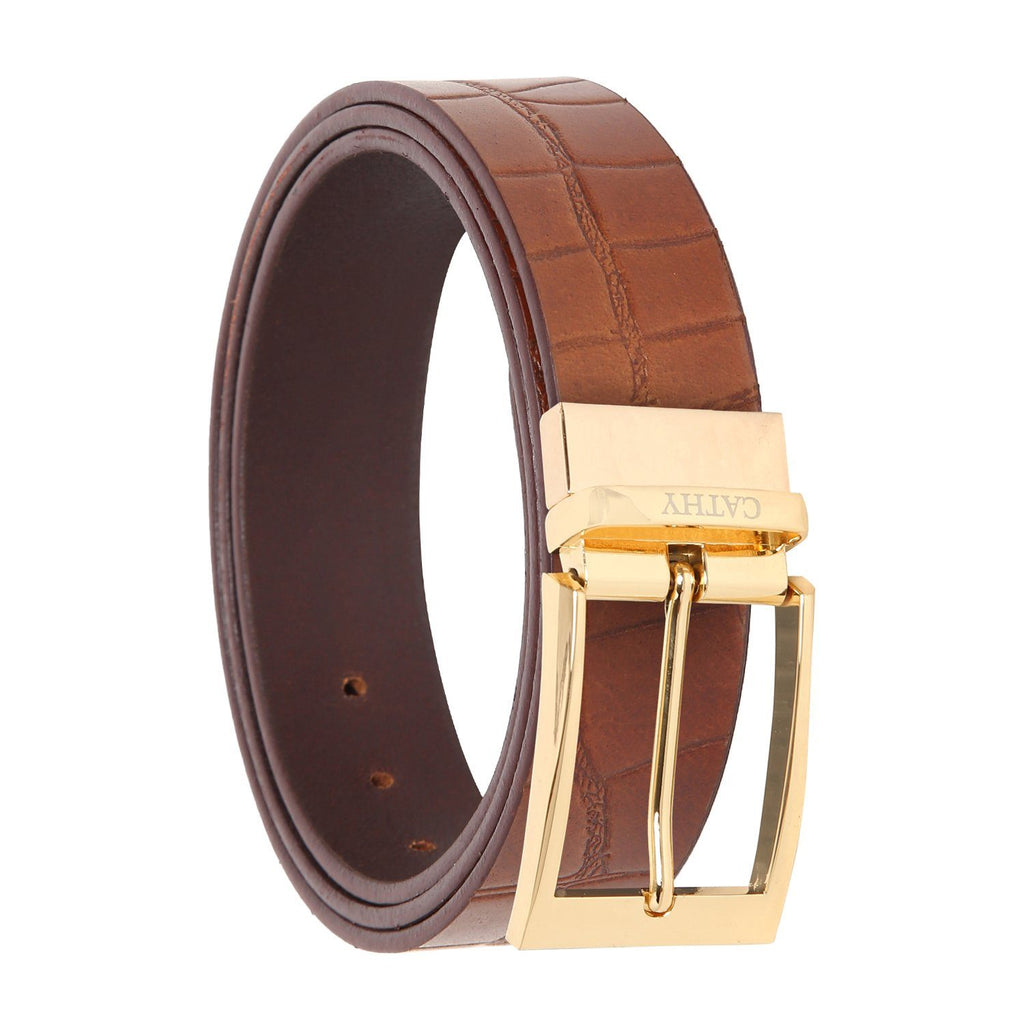 Men's Classic Dress Tan Colour Belt Top Grain Italian Leather with Golden Metal Buckle Cathy-London 