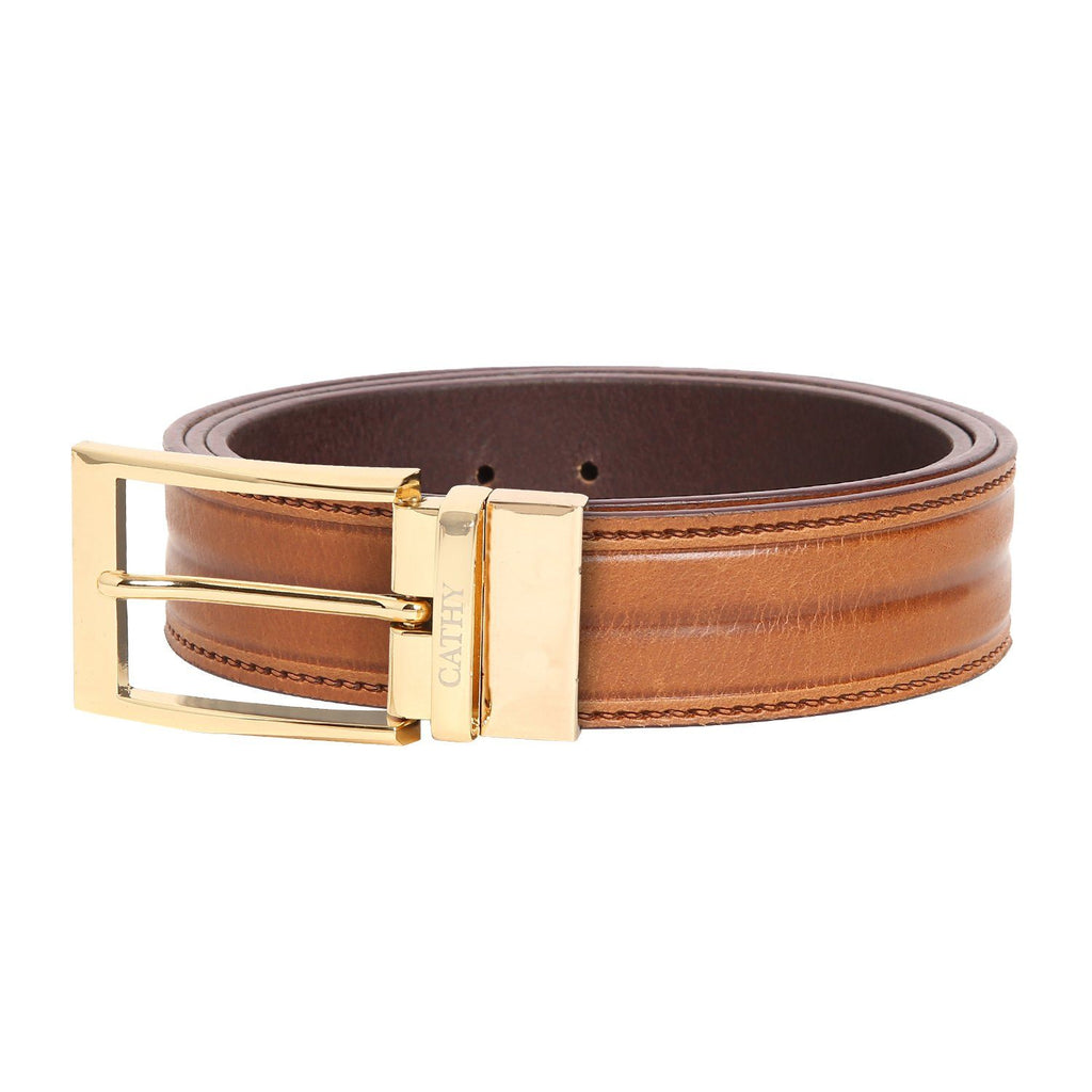 Men's Classic Dress Tan Colour Belt Top Grain Italian Leather with Golden Metal Buckle Cathy-London 