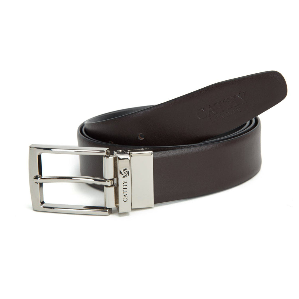 Men's Reversible Classic Dress Belt PU Leather Black & Brown with Rotating Silver Metal Buckle Cathy-London 