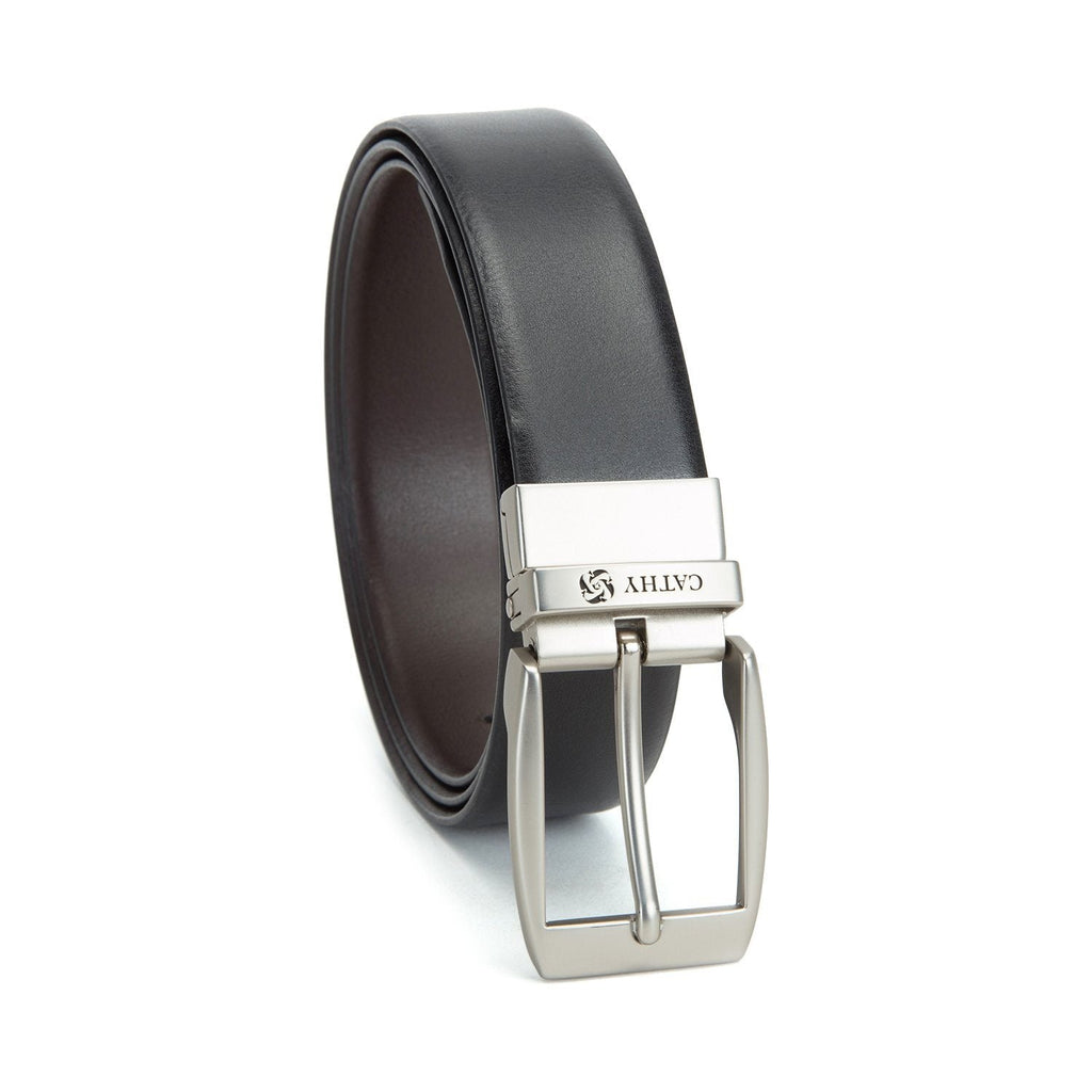 Men's Reversible Classic Dress Belt PU Leather Black & Brown with Rotating Silver Metal Buckle Cathy-London 