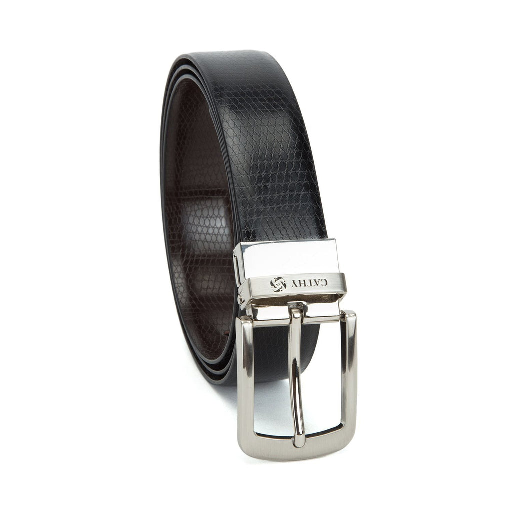 Men's Reversible Classic Dress Belt PU Leather Black & Brown with Rotating Silver Metal Buckle Cathy-London 