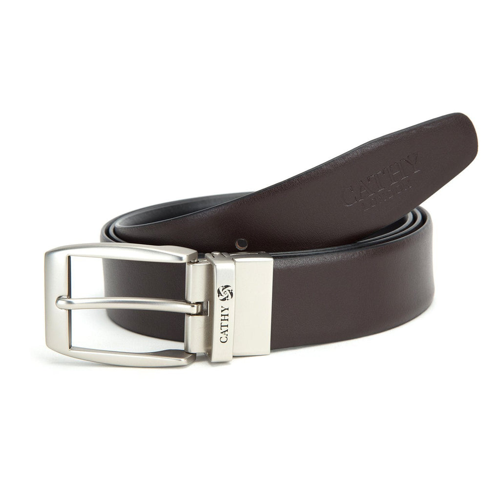 Men's Reversible Classic Dress Belt PU Leather Black & Brown with Rotating Silver Metal Buckle Cathy-London 
