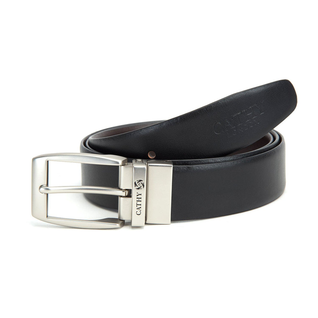 Men's Reversible Classic Dress Belt PU Leather Black & Brown with Rotating Silver Metal Buckle Cathy-London 