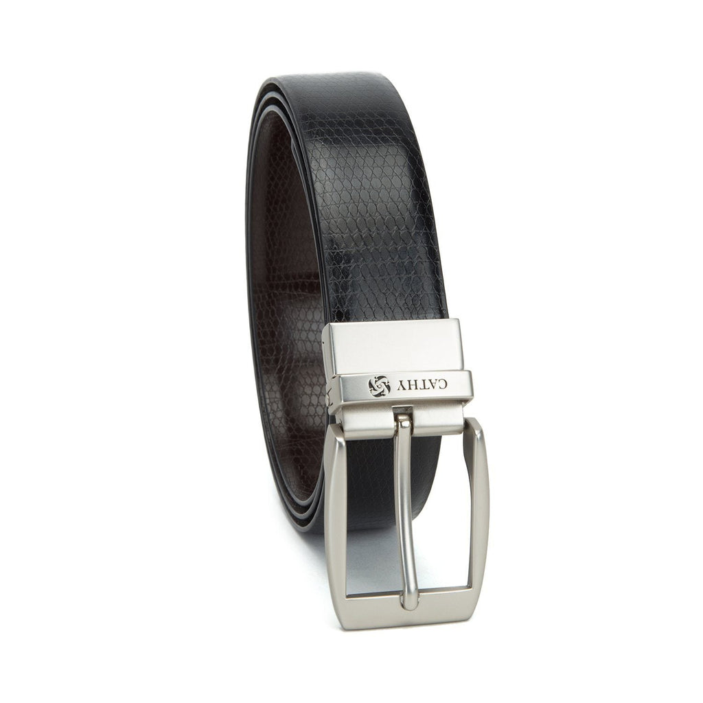 Men's Reversible Classic Dress Belt PU Leather Black & Brown with Rotating Silver Metal Buckle Cathy-London 