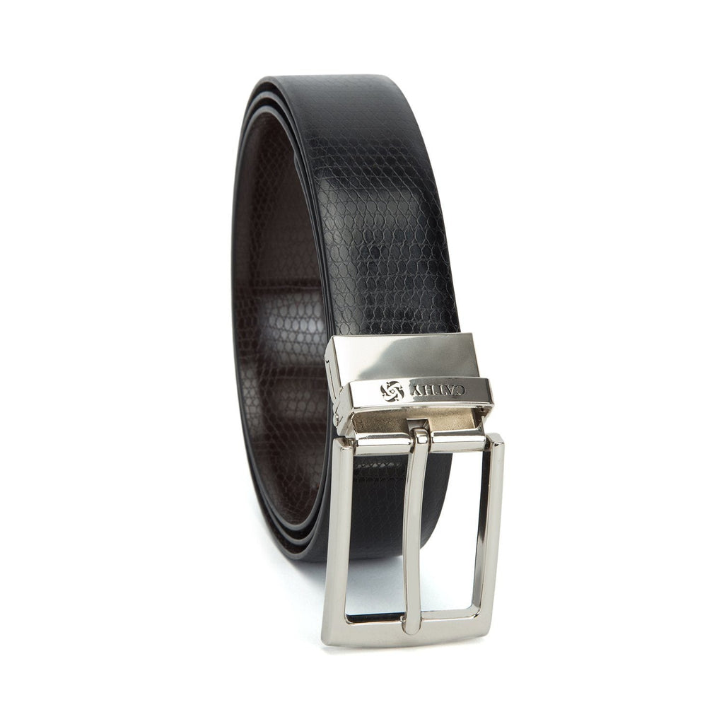 Men's Reversible Classic Dress Belt PU Leather Black & Brown with Rotating Silver Metal Buckle Cathy-London 