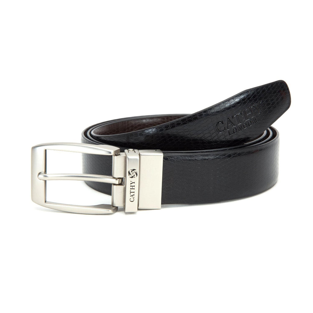 Men's Reversible Classic Dress Belt PU Leather Black & Brown with Rotating Silver Metal Buckle Cathy-London 