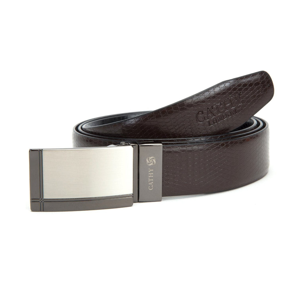Men's Reversible Classic Dress Belt PU Leather Black & Brown with Rotating Silver Metal Buckle Cathy-London 