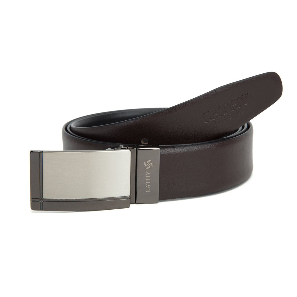 Men's Reversible Classic Dress Belt PU Leather Black & Brown with Rotating Silver Metal Buckle Cathy-London 
