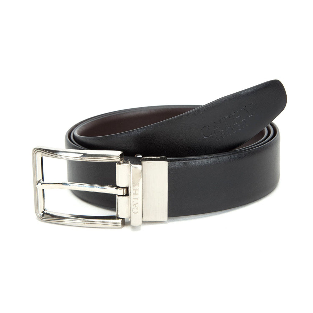 Men's Reversible Classic Dress Belt PU Leather Black & Brown with Rotating Silver Metal Buckle Cathy-London 