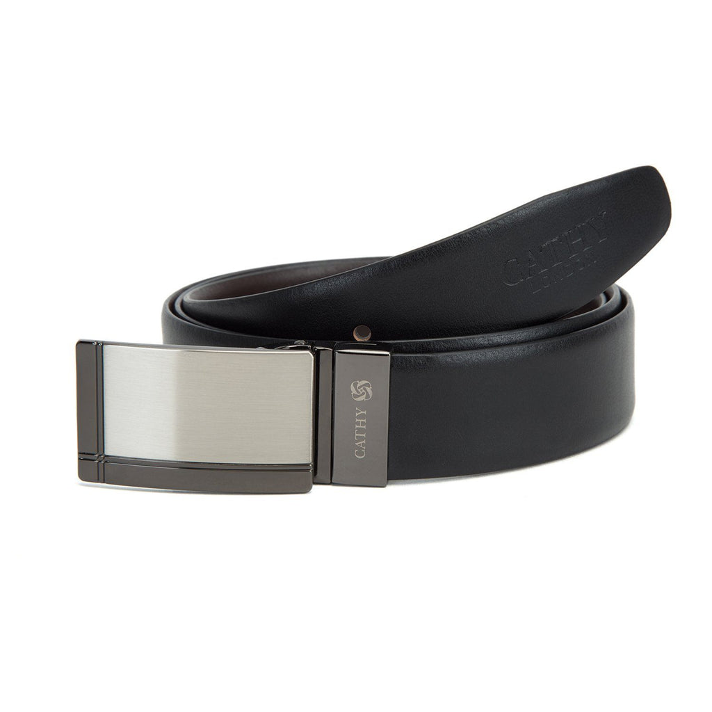 Men's Reversible Classic Dress Belt PU Leather Black & Brown with Rotating Silver Metal Buckle Cathy-London 
