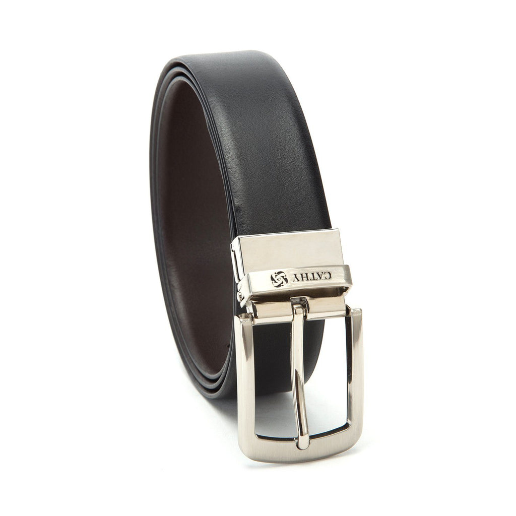 Men's Reversible Classic Dress Belt PU Leather Black & Brown with Rotating Silver Metal Buckle Cathy-London 