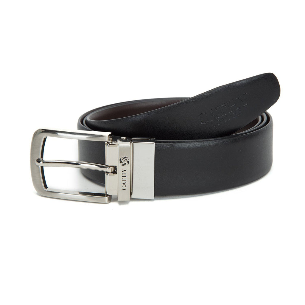 Men's Reversible Classic Dress Belt PU Leather Black & Brown with Rotating Silver Metal Buckle Cathy-London 