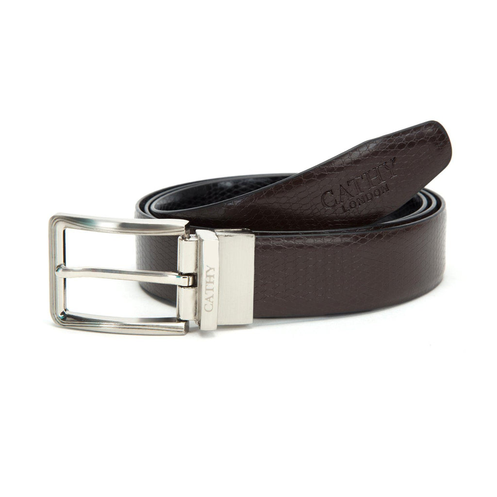 Men's Reversible Classic Dress Belt PU Leather Black & Brown with Rotating Silver Metal Buckle Cathy-London 