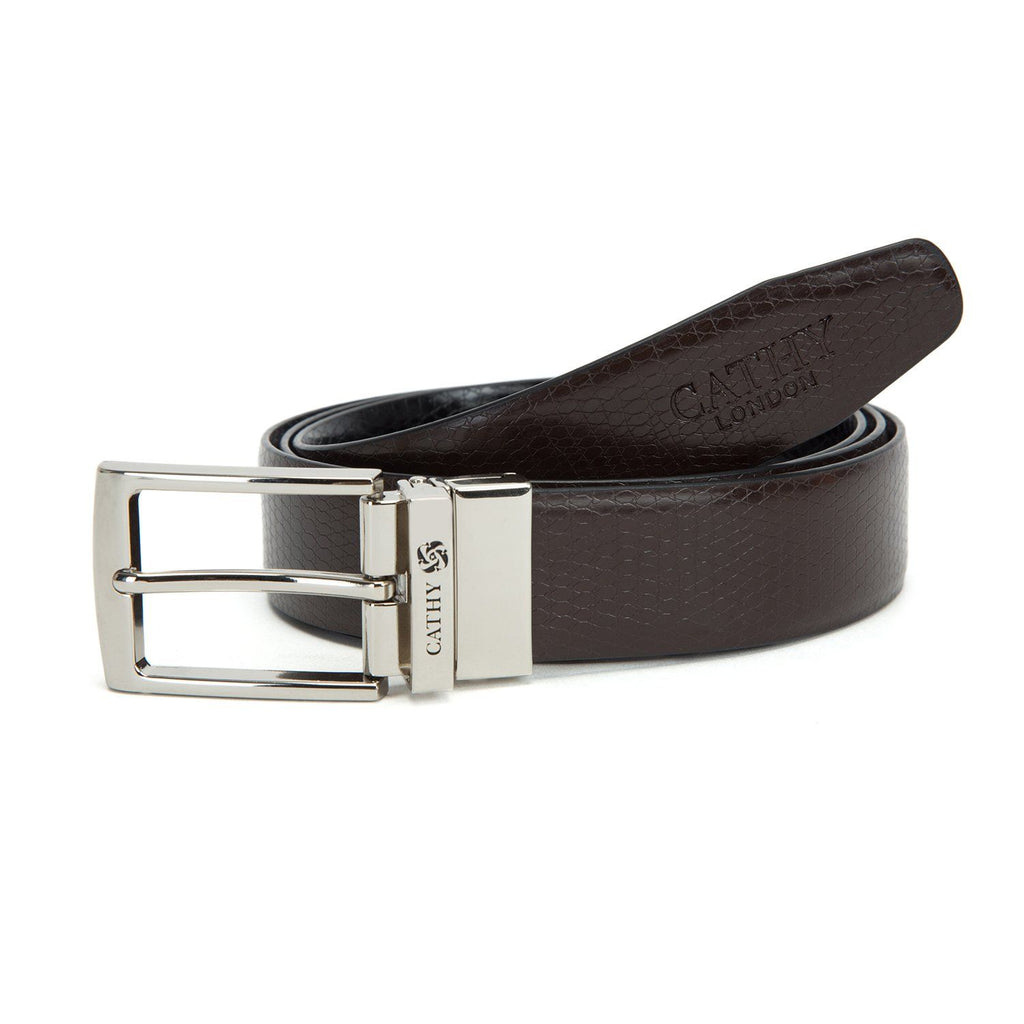 Men's Reversible Classic Dress Belt PU Leather Black & Brown with Rotating Silver Metal Buckle Cathy-London 