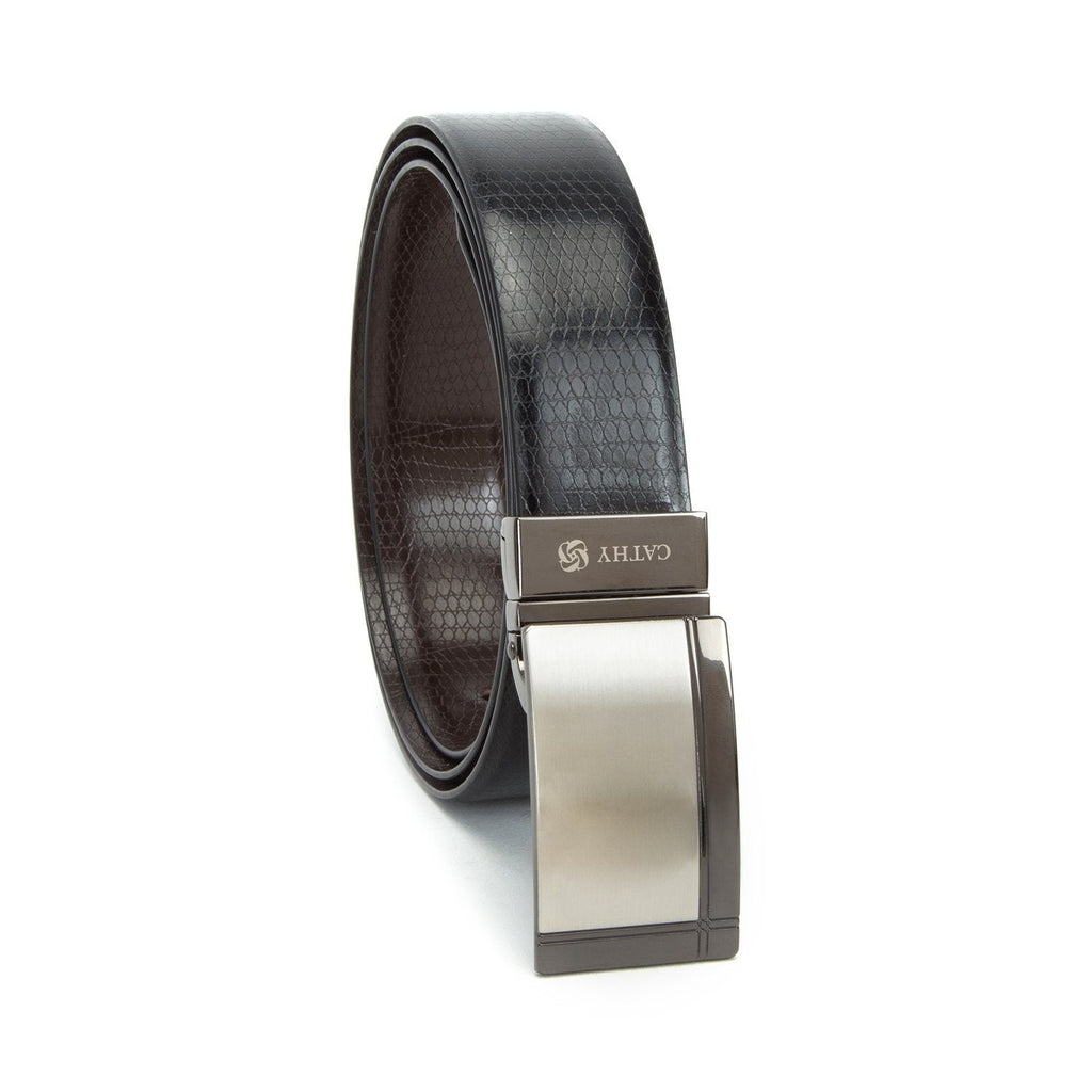 Men's Reversible Classic Dress Belt PU Leather Black & Brown with Rotating Silver Metal Buckle Cathy-London 