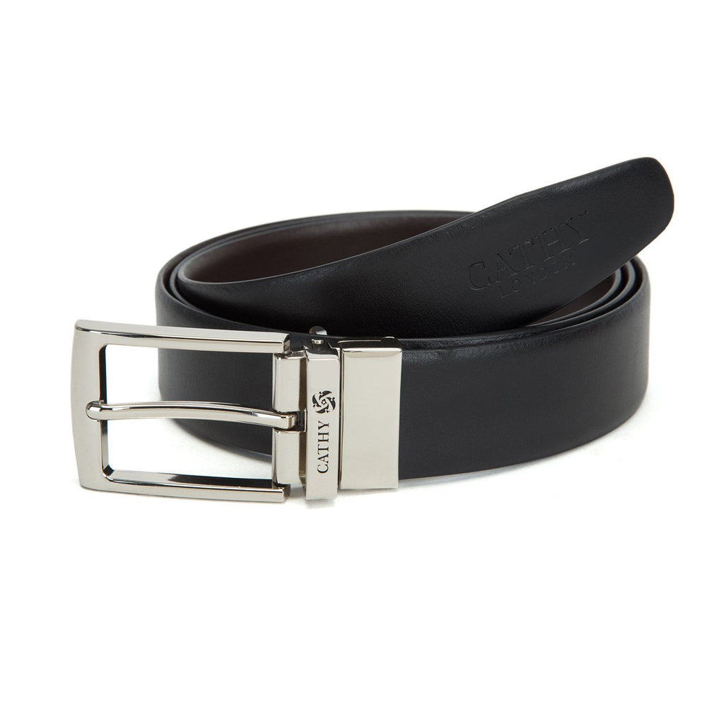 Men's Reversible Classic Dress Belt PU Leather Black & Brown with Rotating Silver Metal Buckle Cathy-London 