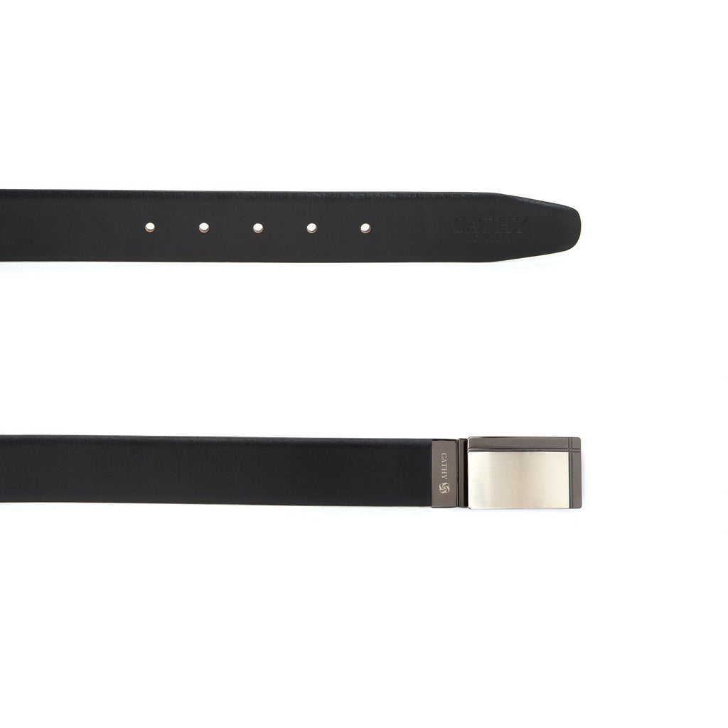 Men's Reversible Classic Dress Belt PU Leather Black & Brown with Rotating Silver Metal Buckle Cathy-London 