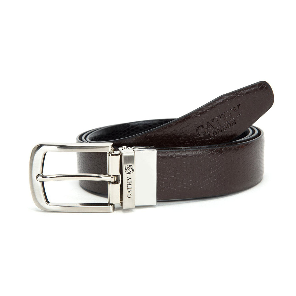 Men's Reversible Classic Dress Belt PU Leather Black & Brown with Rotating Silver Metal Buckle Cathy-London 