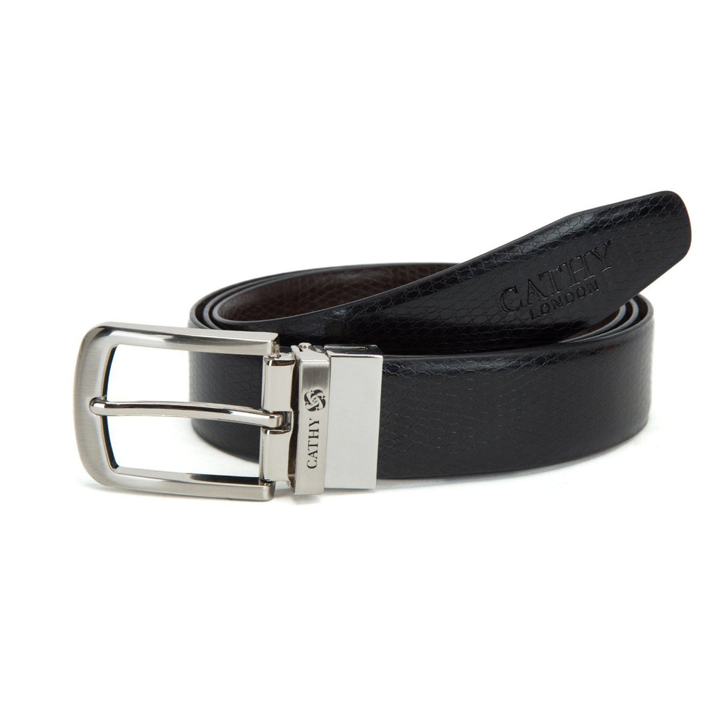 Men's Reversible Classic Dress Belt PU Leather Black & Brown with Rotating Silver Metal Buckle Cathy-London 