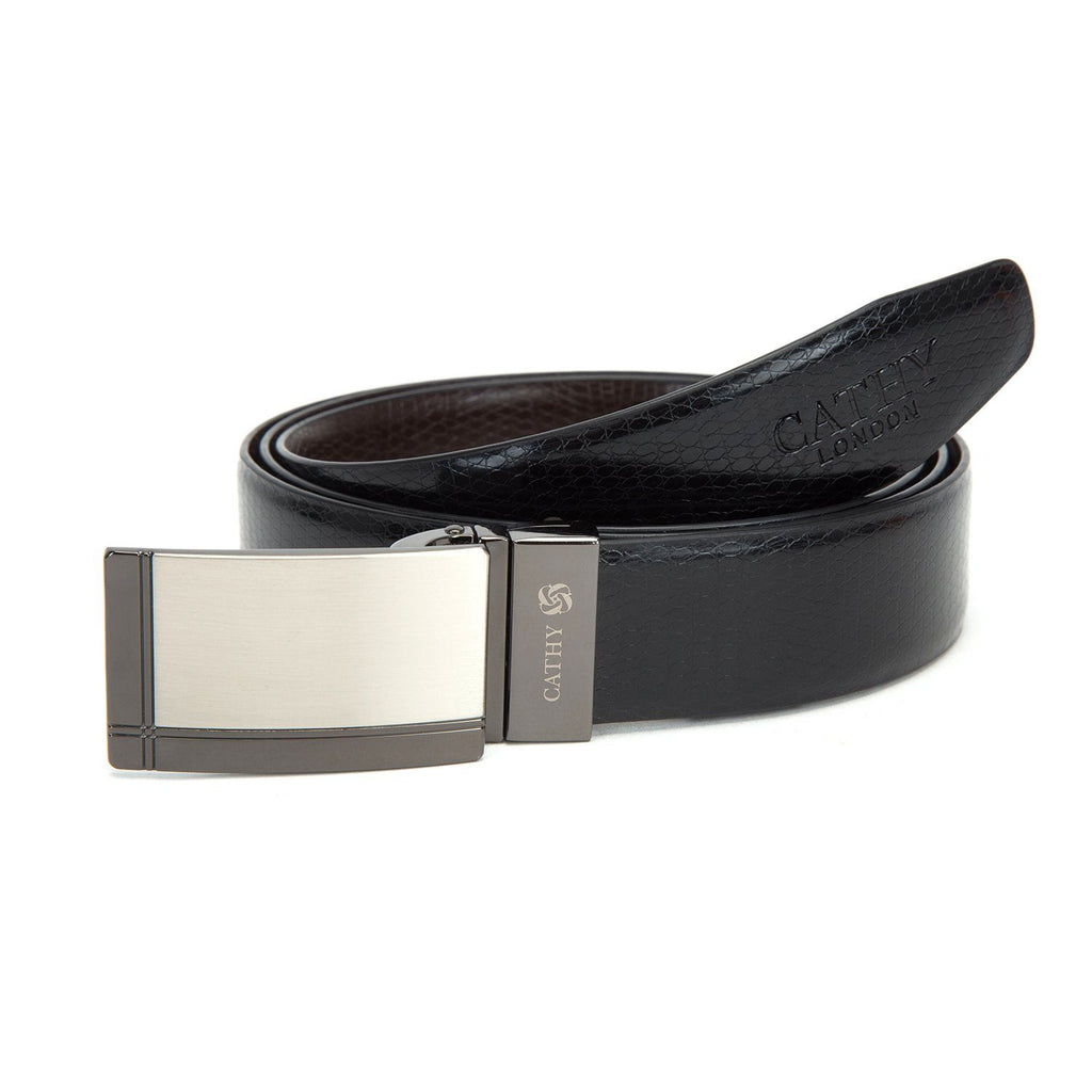 Men's Reversible Classic Dress Belt PU Leather Black & Brown with Rotating Silver Metal Buckle Cathy-London 