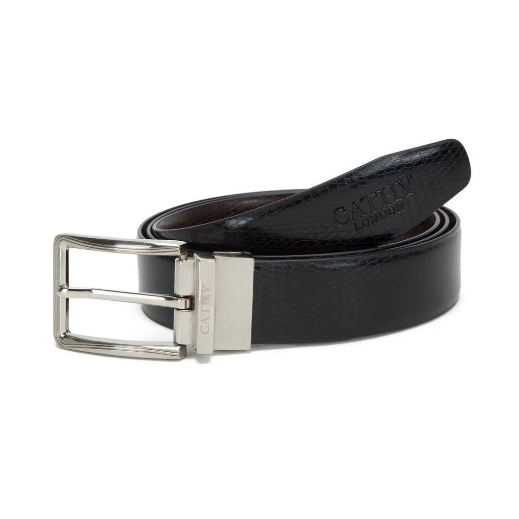 Men's Reversible Classic Dress Belt PU Leather Black & Brown with Rotating Silver Metal Buckle Cathy-London 
