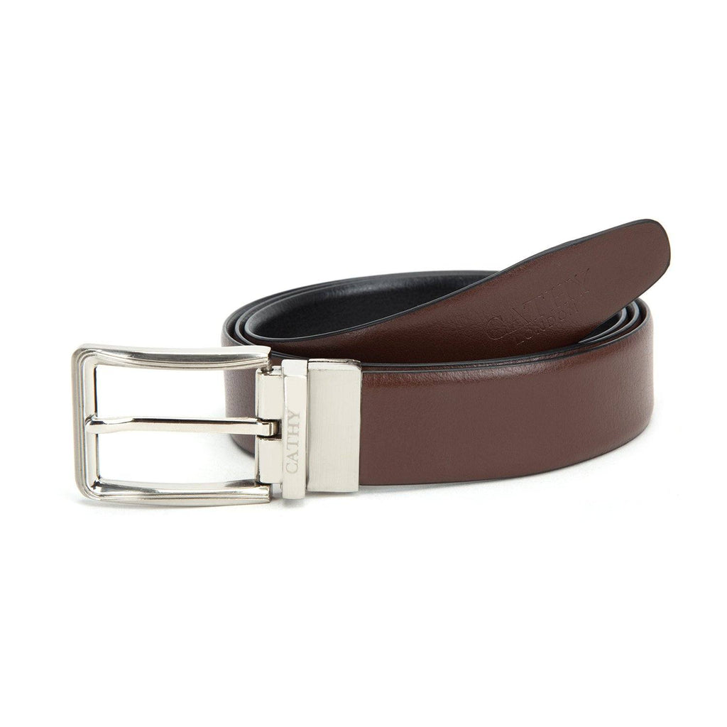 Men's Reversible Classic Dress Belt Top Grain Italian Leather Black & Brown with Rotating Silver Metal Buckle Cathy-London 