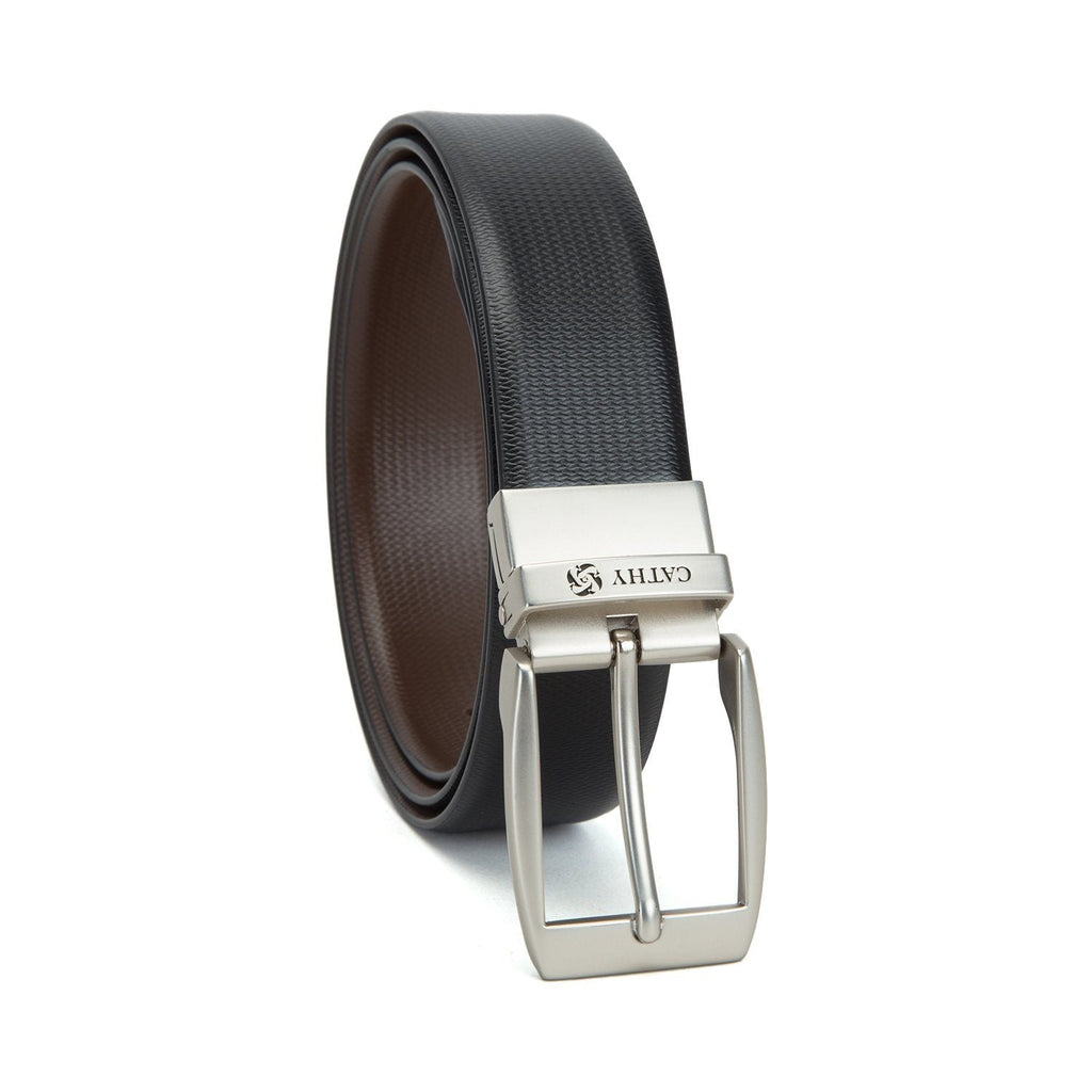 Men's Reversible Classic Dress Belt Top Grain Italian Leather Black & Brown with Rotating Silver Metal Buckle Cathy-London 