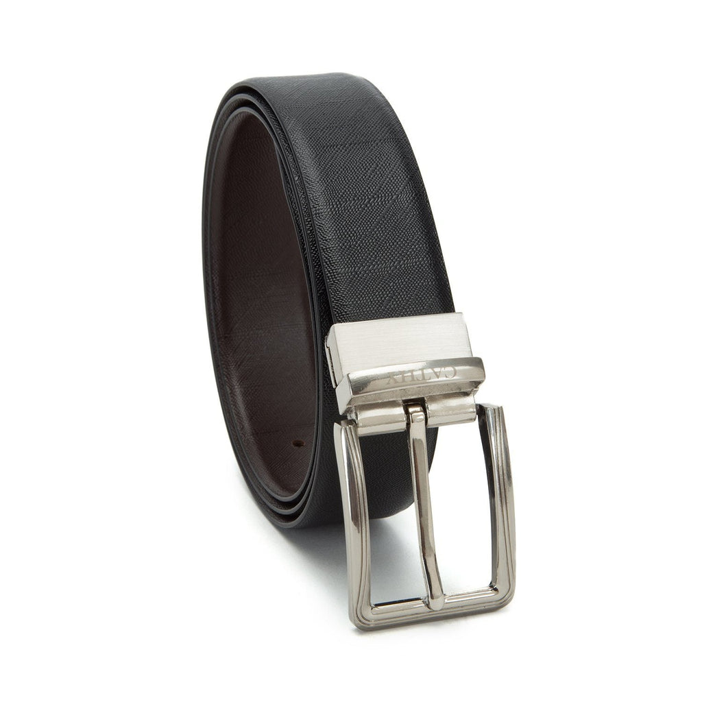 Men's Reversible Classic Dress Belt Top Grain Italian Leather Black & Brown with Rotating Silver Metal Buckle Cathy-London 